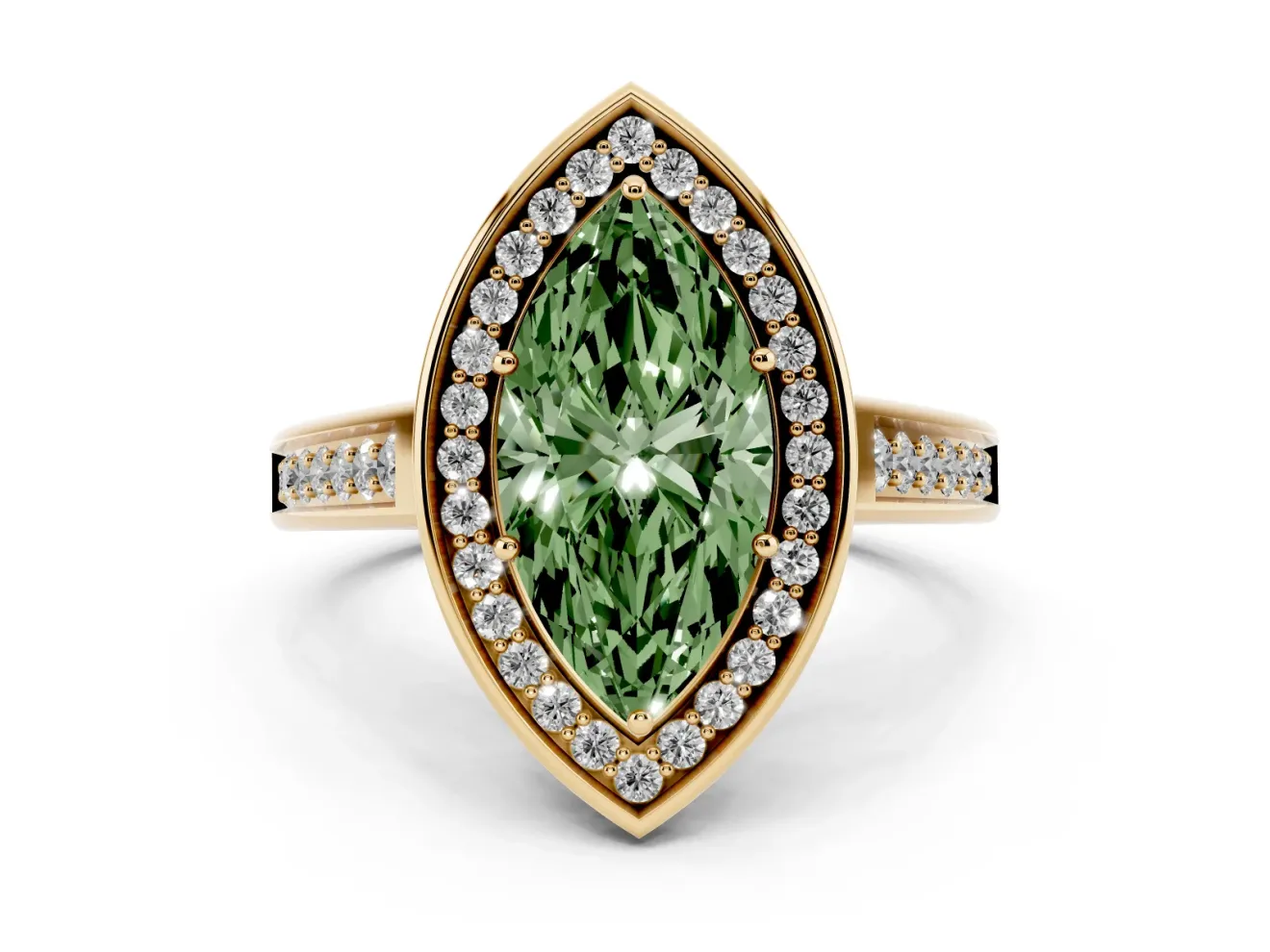 Marquise Rimmed Halo Engagement Ring Setting for a Fancy Green Lab-Grown Diamond | Yellow Gold