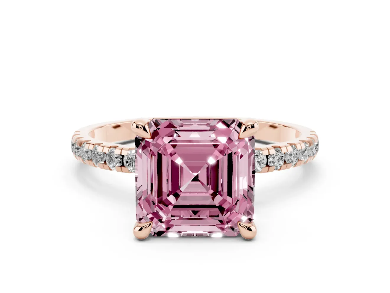 Fancy Pink Asscher Cut Diamond Brilliant Solitaire Ring Set in Rose gold with Pavé Band and Prong Setting