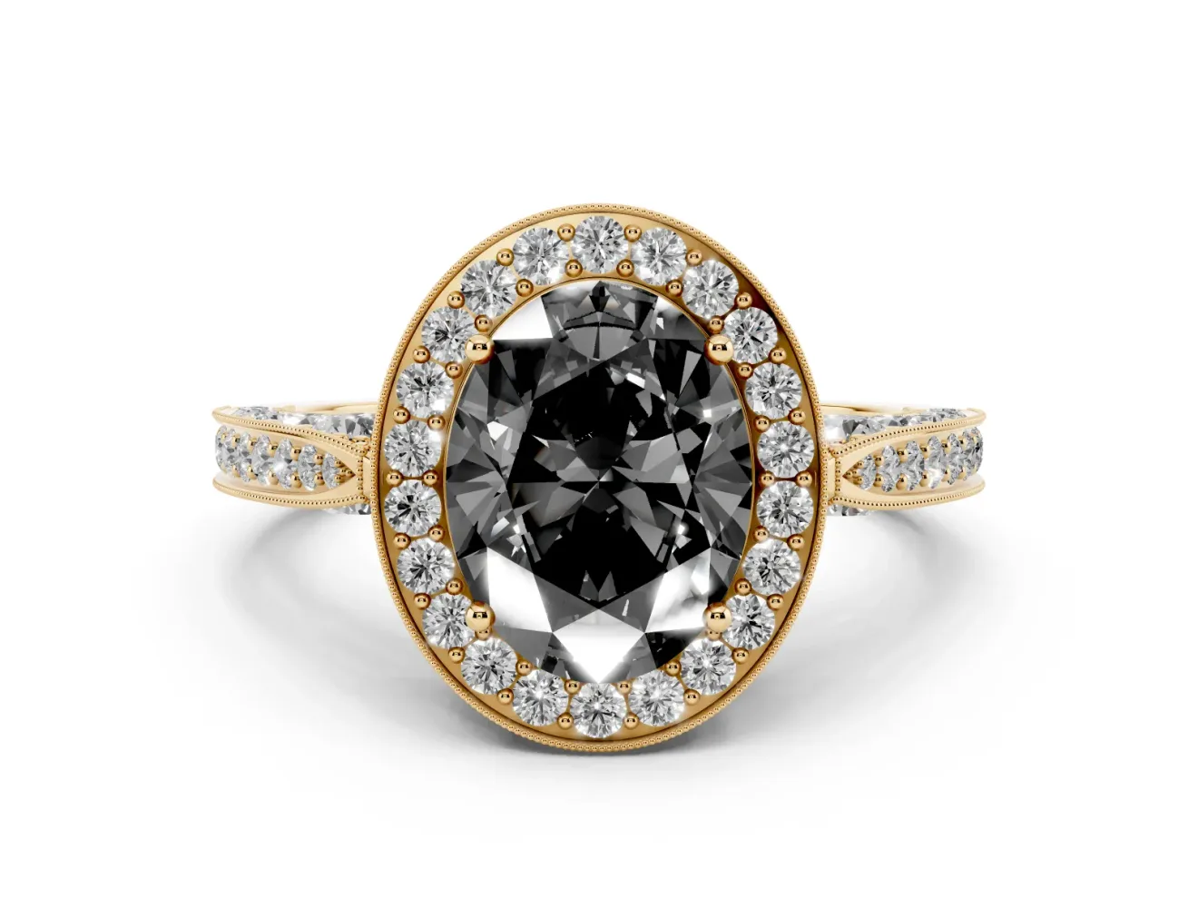 Oval Milgrain Halo Engagement Ring Setting for a Black Center | Side Stones | Yellow Gold