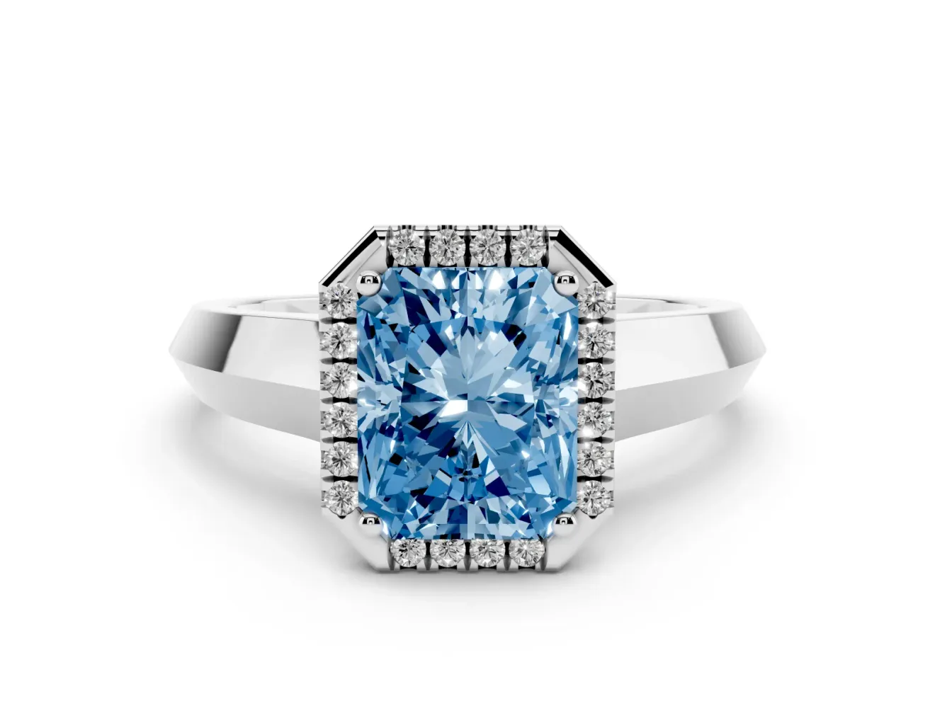 Fancy Blue Radiant Cut Diamond Halo Ring Set in Platinum with Cathedral Band and Prong Setting
