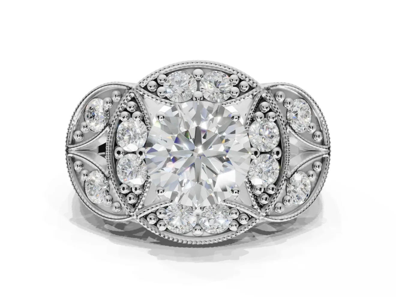 Round Vintage Floral Halo Engagement Ring Setting | Engraved Milgrain Band | Platinum