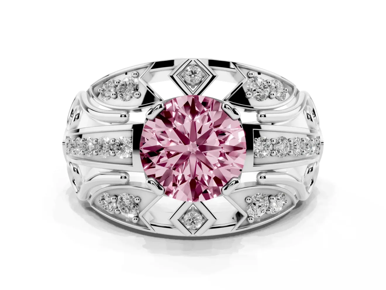Round Art Deco Graduated Engagement Ring Setting for a Fancy Pink Lab-Grown Diamond | Platinum