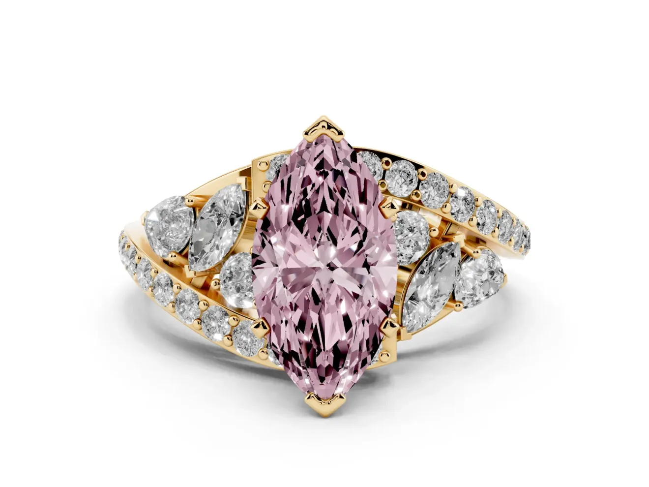 Fancy Pink Marquise Cut Diamond Halo Ring Set in Yellow gold with Marquise and Pavé Band in Prong Setting