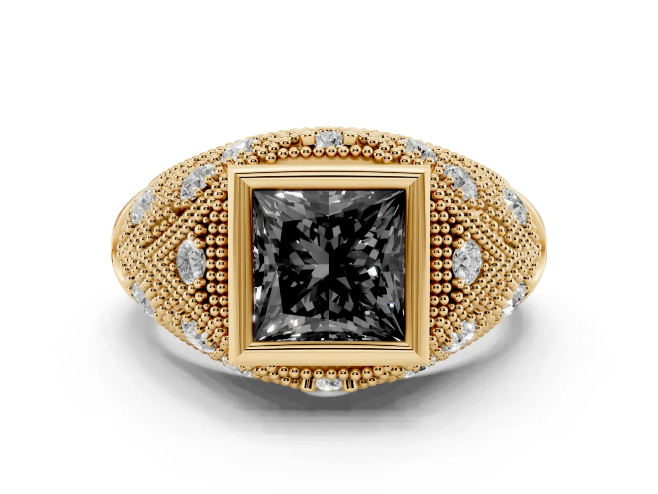 Fancy Black Princess Cut Diamond Bezel Ring Set in Yellow gold with Milgrain Accent Band