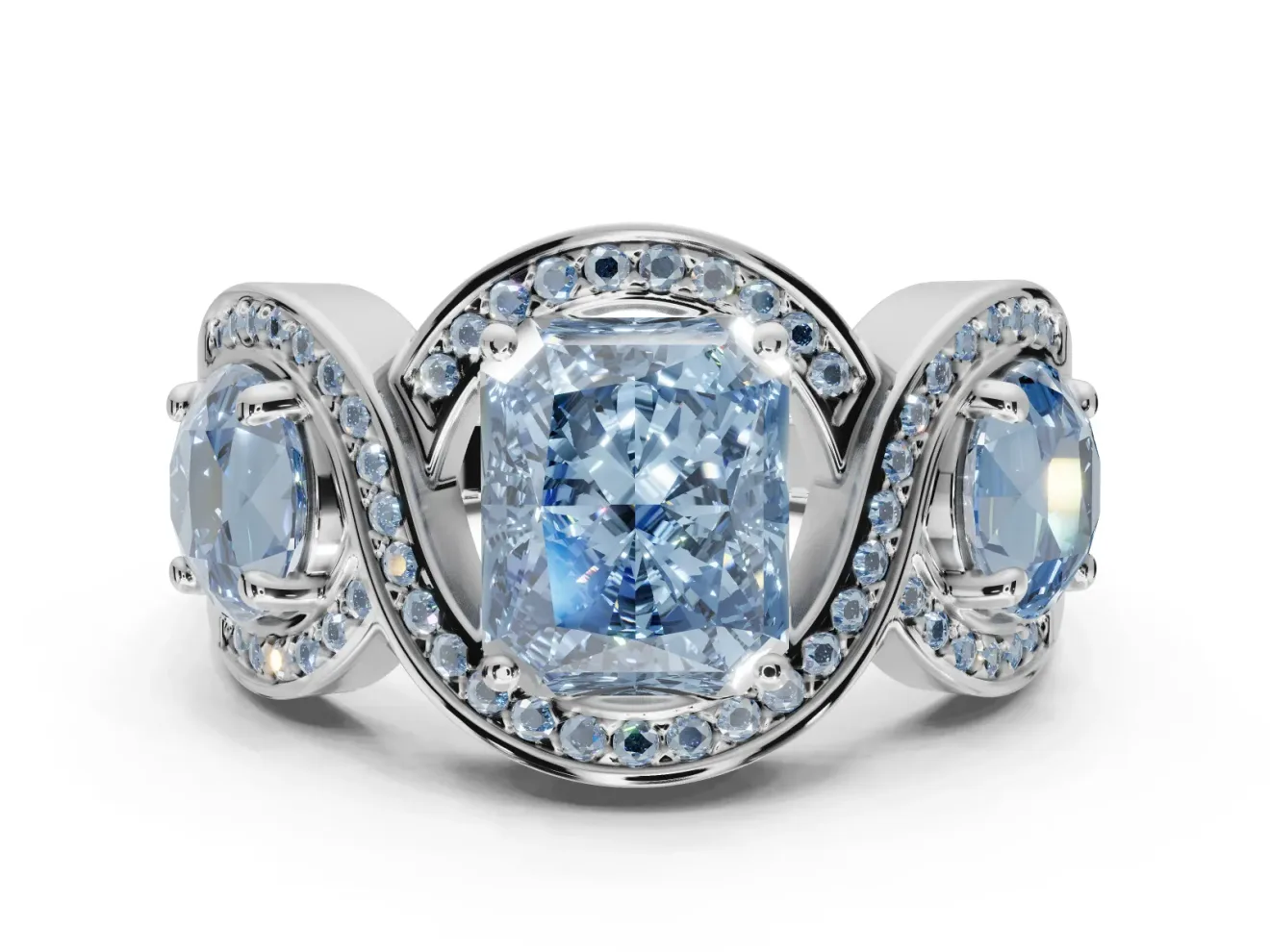 Radiant Cut Three Stone Engagement Ring Setting for a Fancy Blue Lab-Grown Diamond | Pavé Wave Band | Sterling Silver