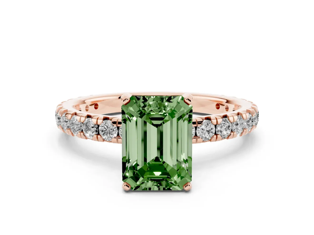 Fancy Green Emerald Cut Diamond Pavé Solitaire Ring Set in Rose gold with Round Band and Prong Setting