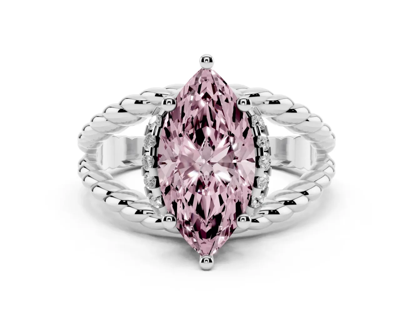 Fancy Pink Marquise Cut Diamond Halo Ring Set in Platinum with Twisted Band and Prong Setting