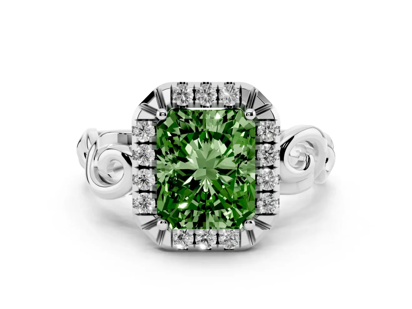 Fancy Green Radiant Cut Diamond Halo Ring Set in Silver with Scrollwork Band and Prong Setting
