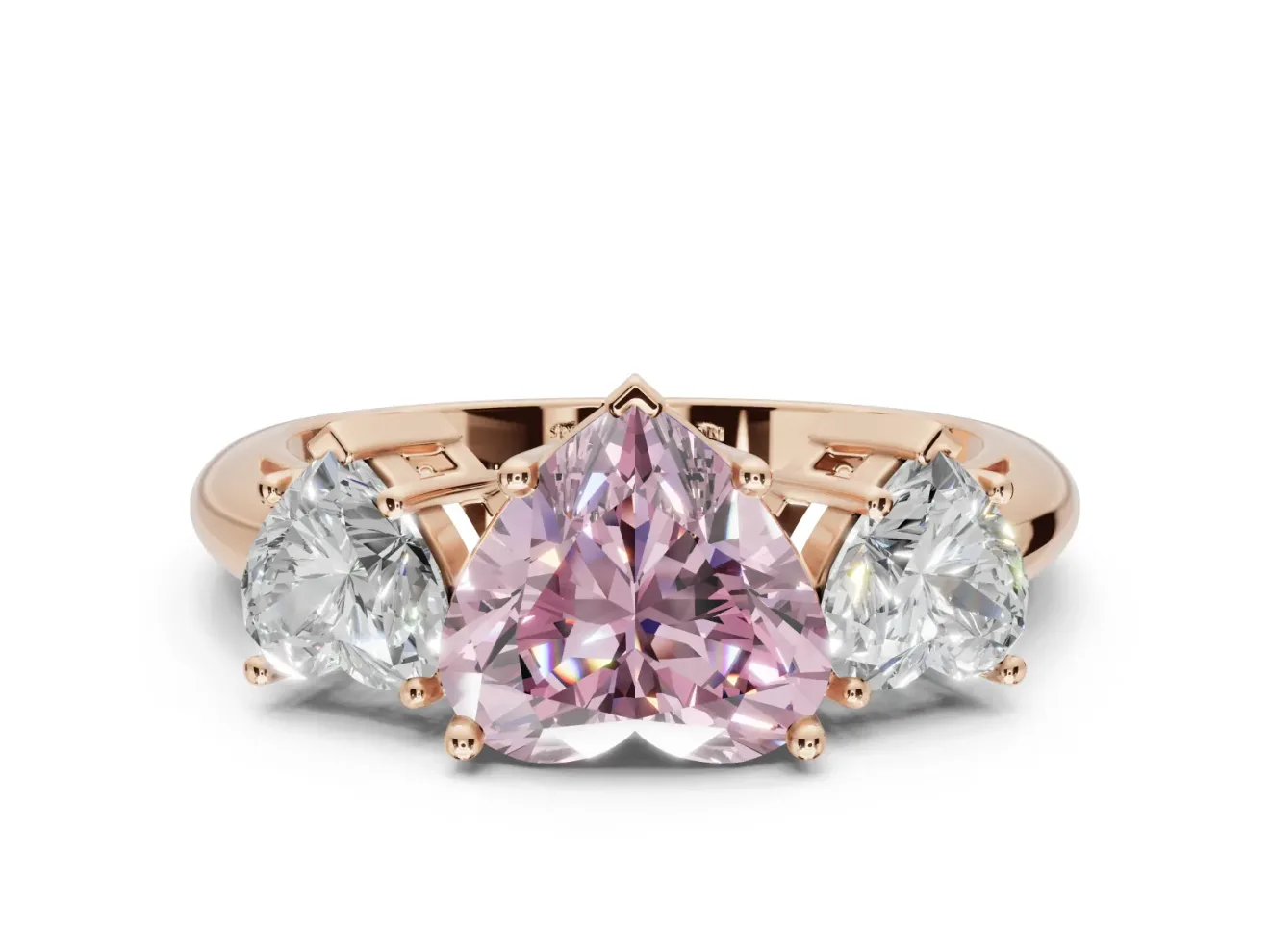 Heart-Shaped Three Stone Engagement Ring Setting for a Fancy Pink Lab-Grown Diamond | Plain Band | Rose Gold