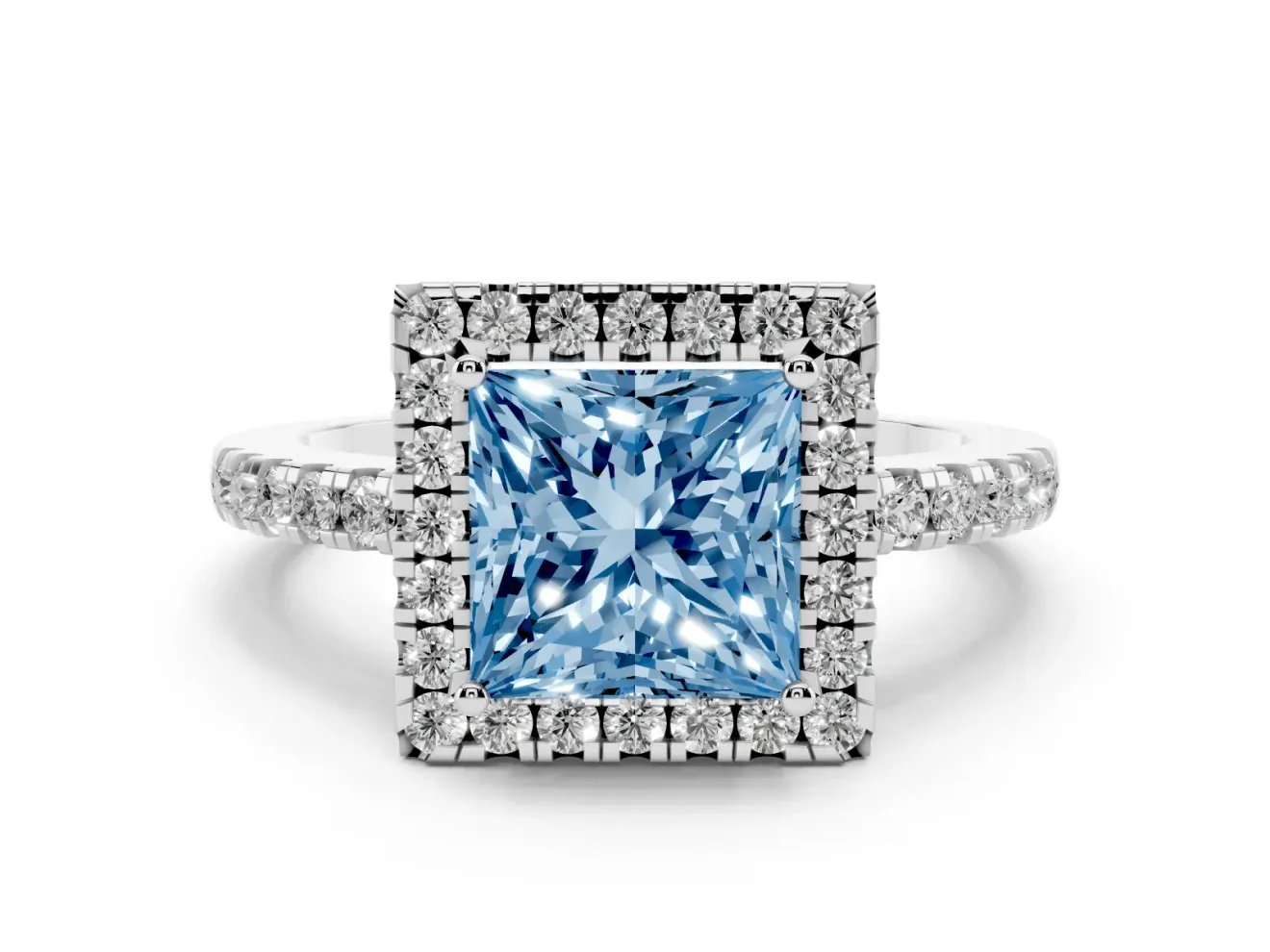Princess Cut Halo Engagement Ring Setting for a Fancy Blue Lab-Grown Diamond | Shared Prong Pavé Band | White Gold