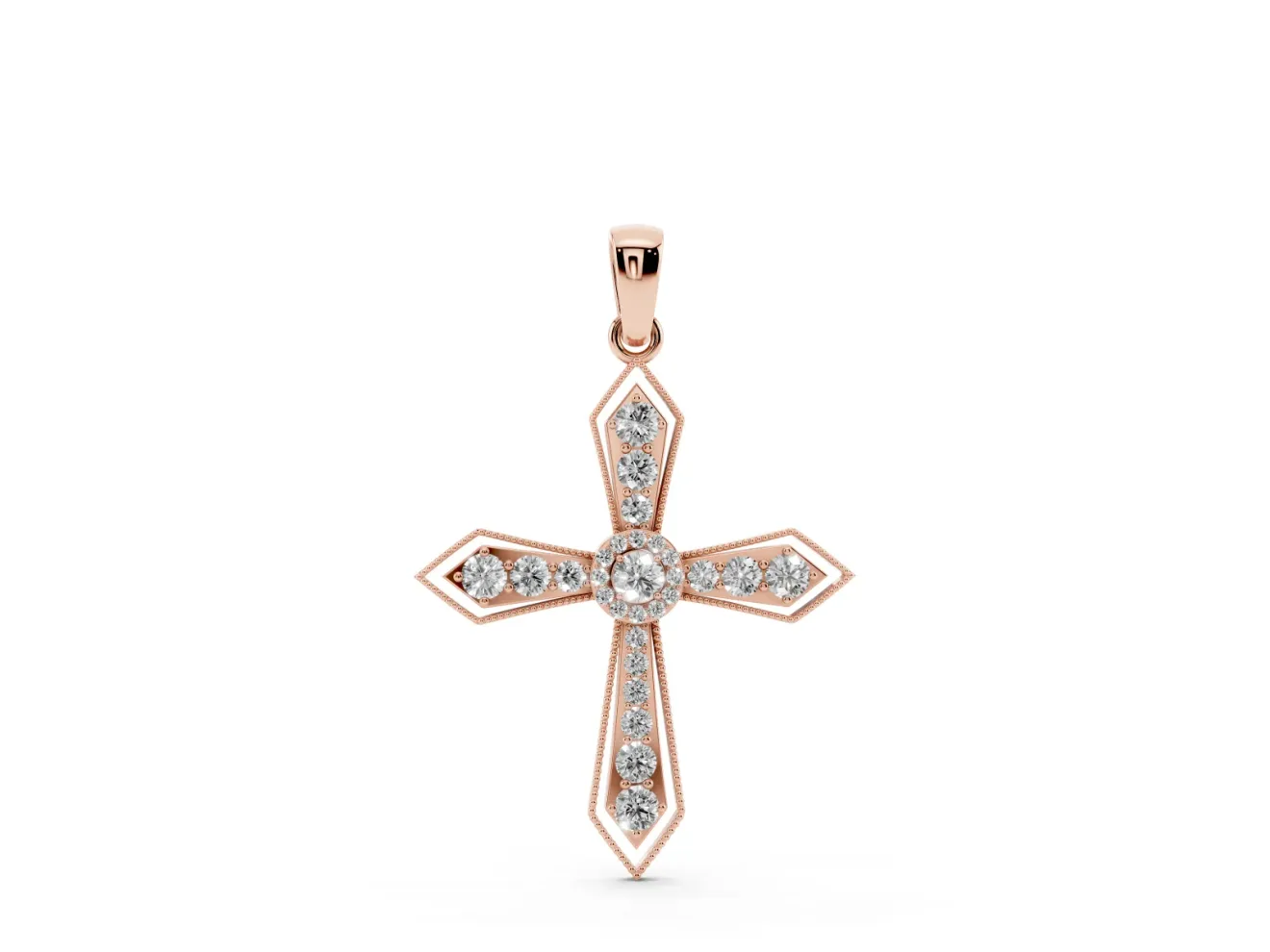 Round Lab-Grown Diamond Vintage Milgrain Cross Pendant Necklace | Pointed Arms | Rose Gold