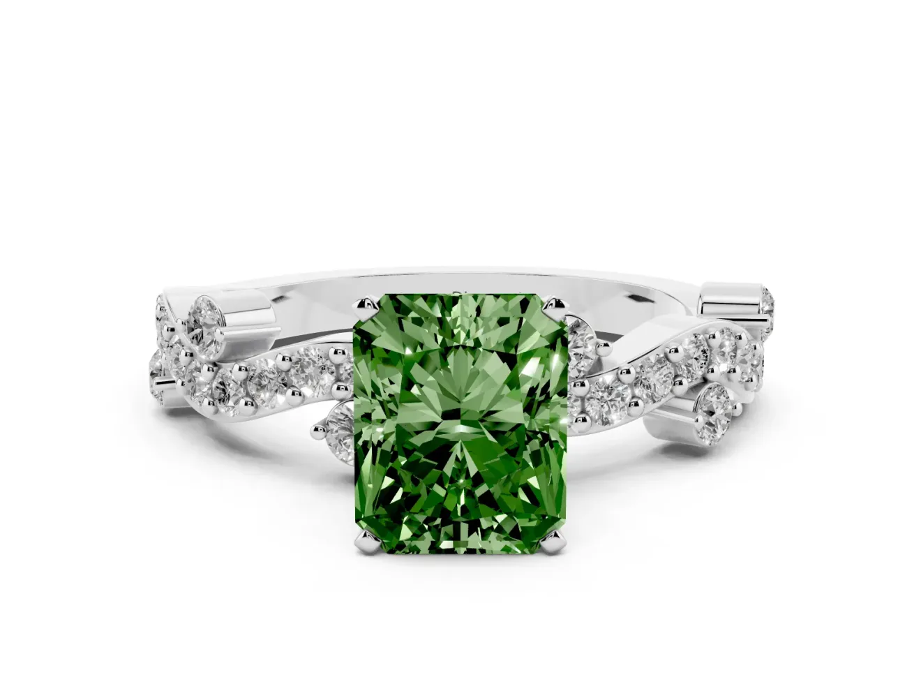 Fancy Green Radiant Cut Diamond Solitaire Twisted Band Set in White gold with Pavé Setting