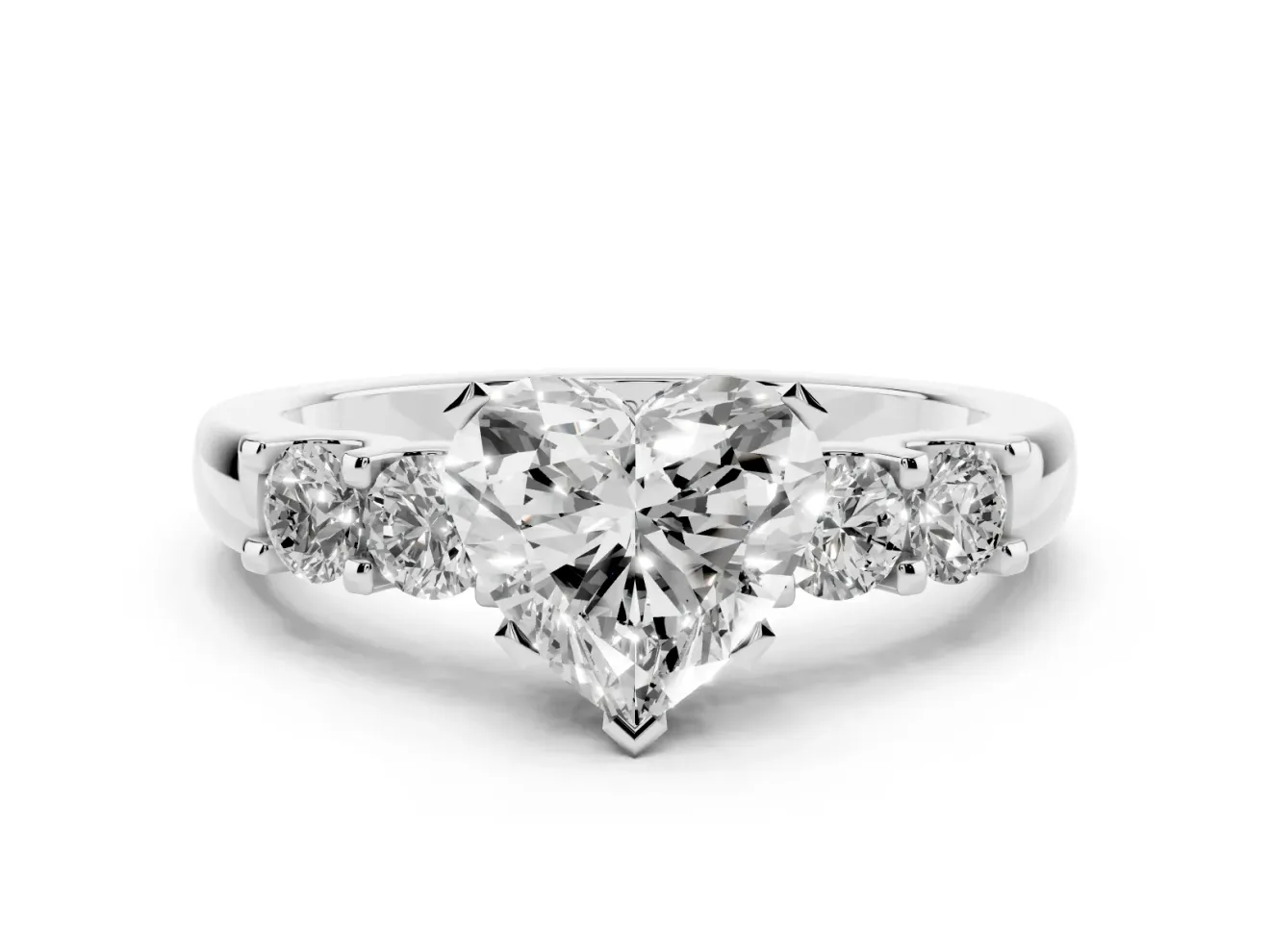 Heart-Shaped Five Stone Engagement Ring Setting | Prong-Set Side Stones | White Gold