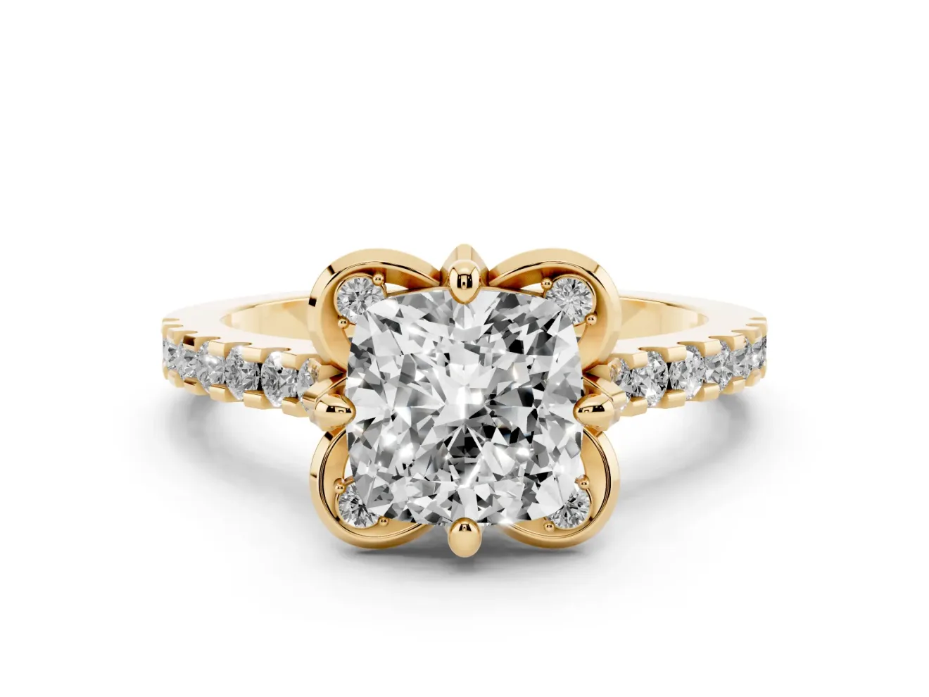 Cushion Cut Floral Petal Engagement Ring Setting | Petal Accents | Yellow Gold