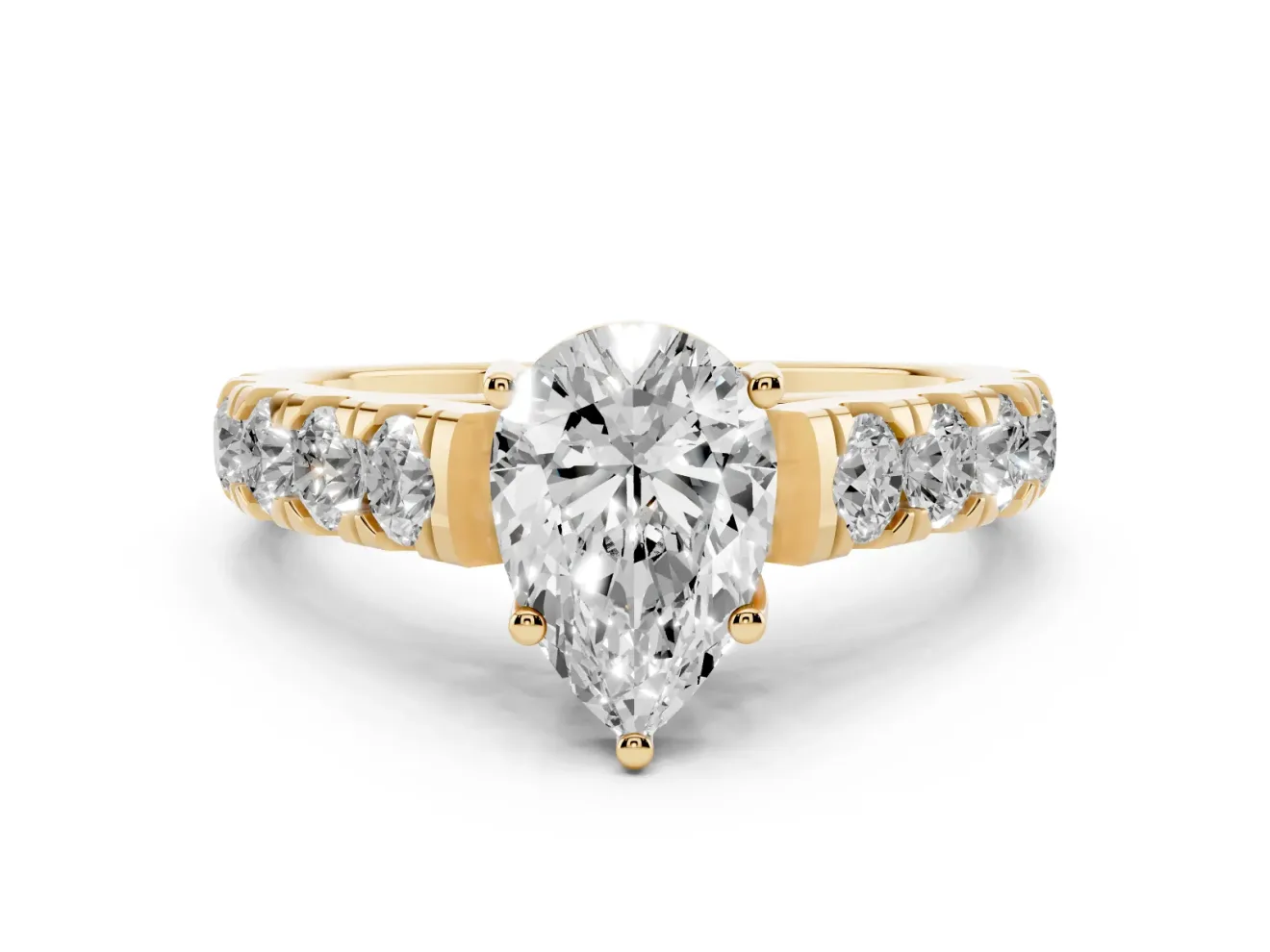 Pear-Shaped Cut-Down Side Stone Engagement Ring Setting | Scalloped Shoulders | Yellow Gold