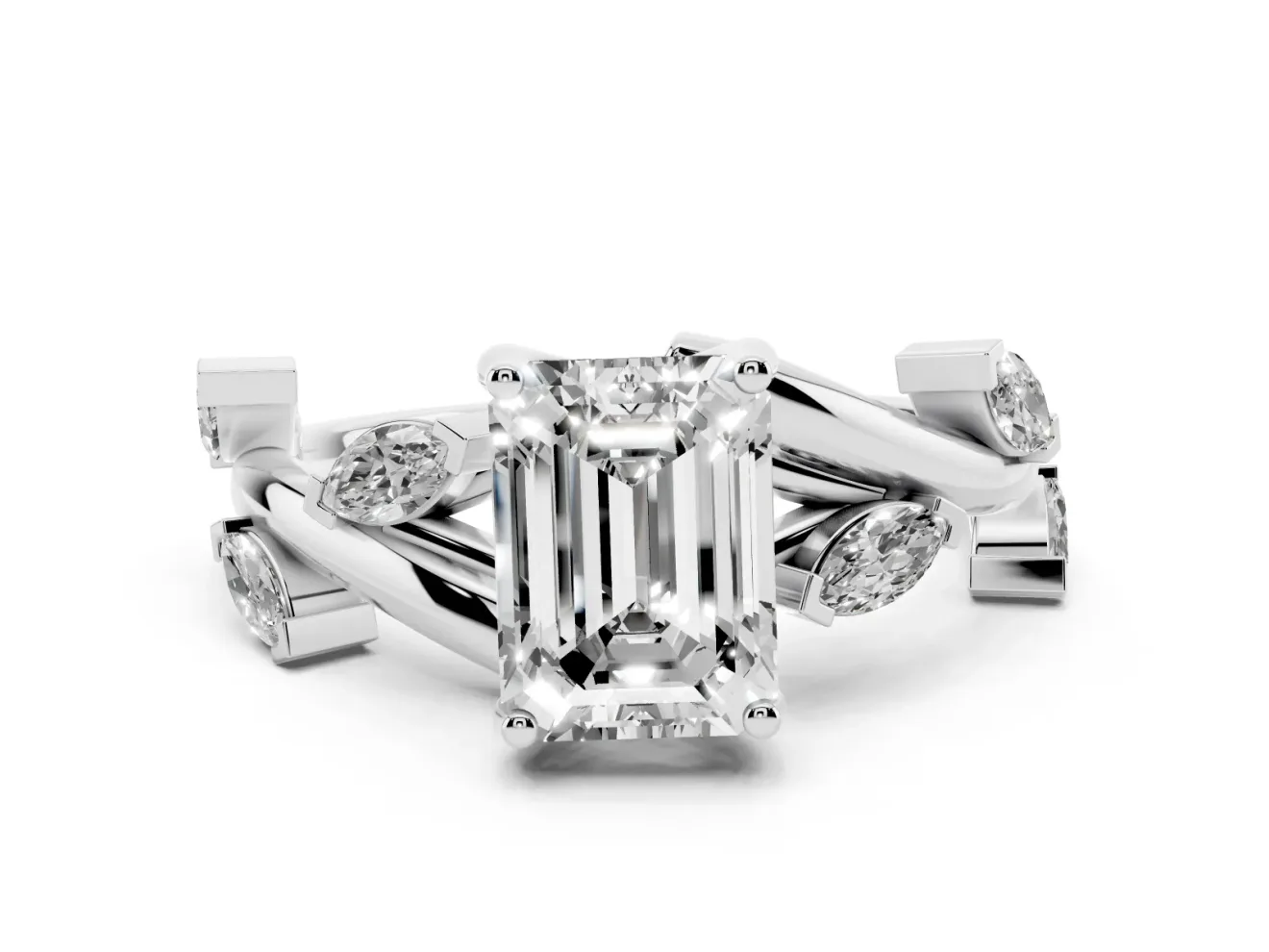 Emerald Cut Diamond Solitaire Ring Set in Silver with Twisted Marquise Accent Band