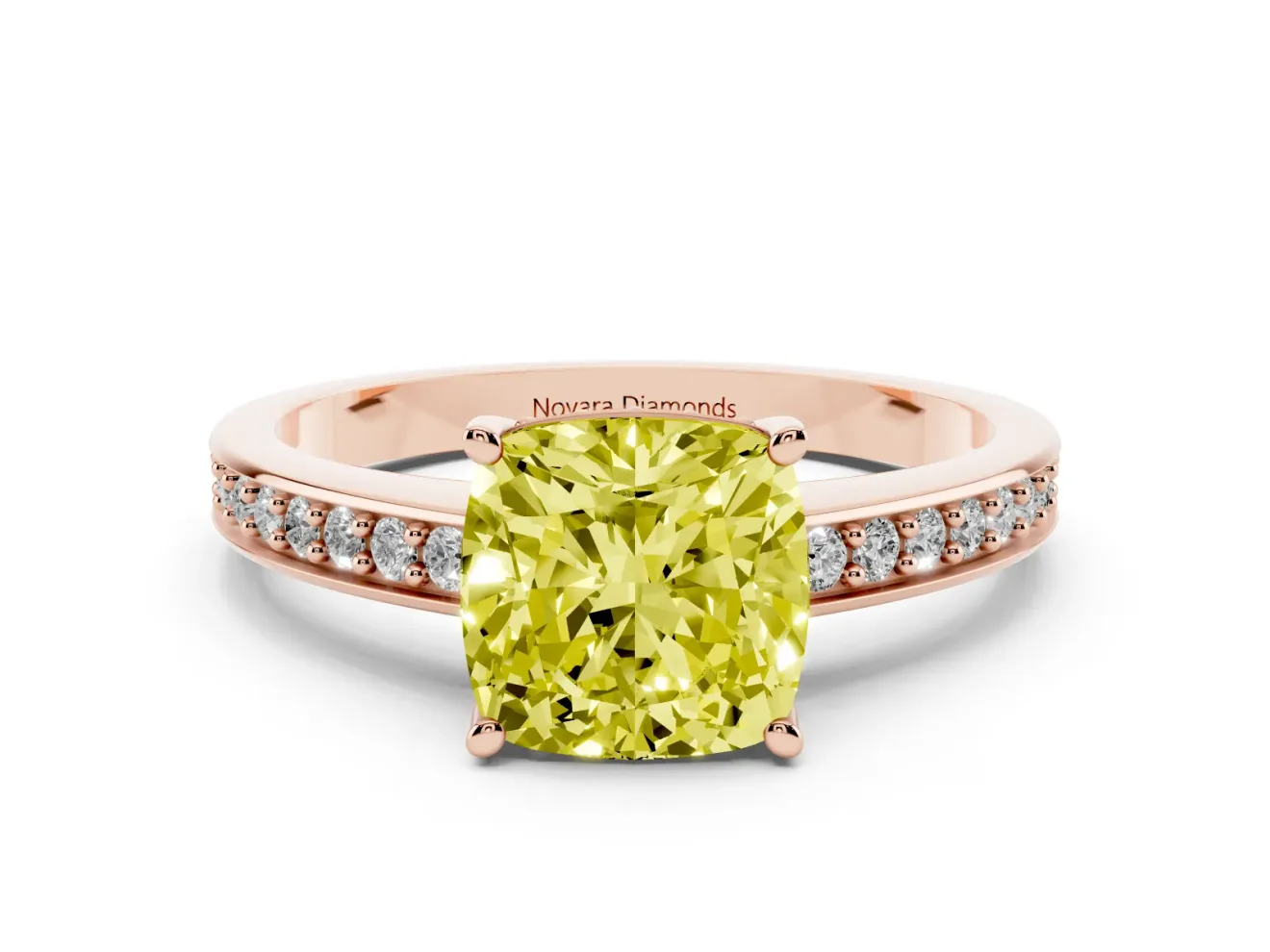 Cushion Cut Pave Solitaire Engagement Ring Setting for a Fancy Yellow Lab-Grown Diamond | Accented Basket | Rose Gold