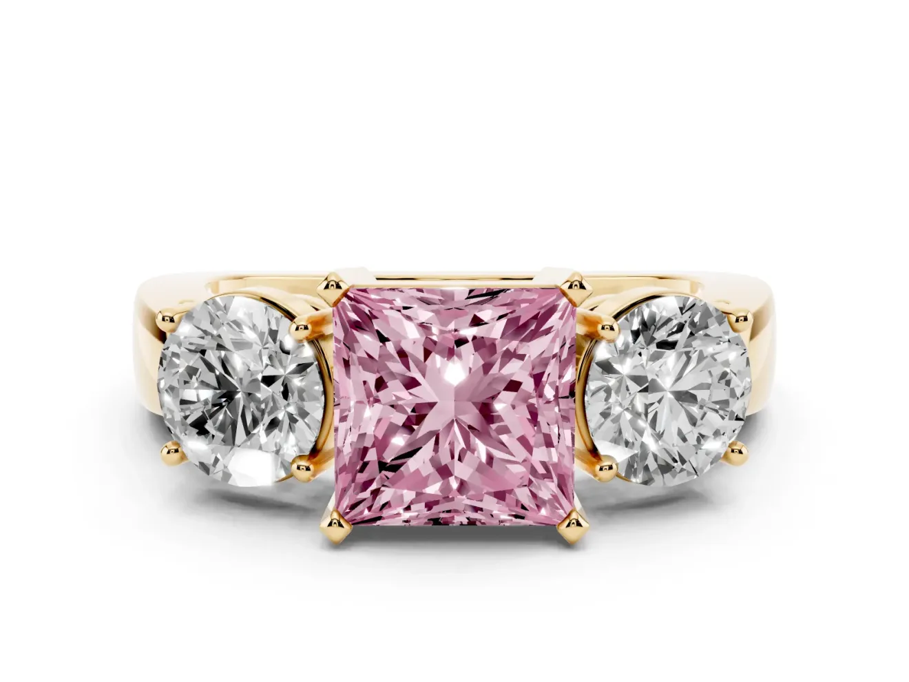 Princess Cut Three Stone Engagement Ring Setting for a Fancy Pink Lab-Grown Diamond | Wide Plain Band | Yellow Gold
