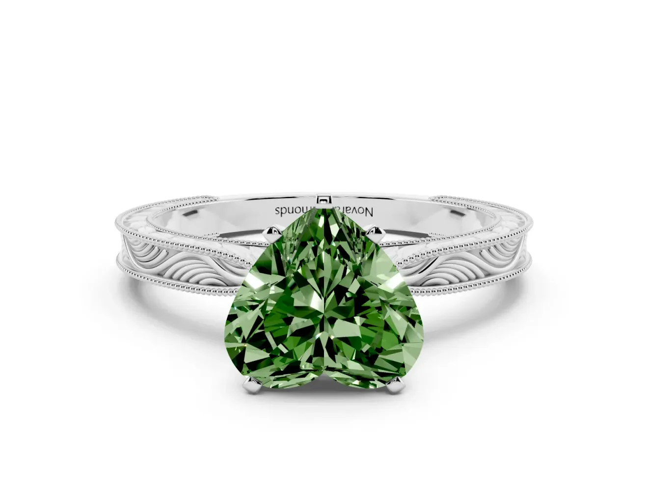 Heart-Shaped Engraved Engagement Ring Setting for a Fancy Green Lab-Grown Diamond | Platinum