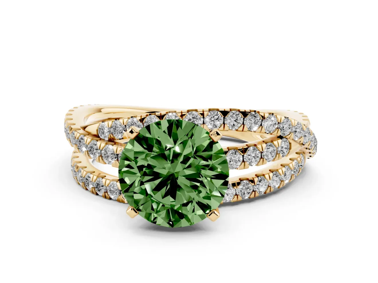 Fancy Green Round Cut Diamond Solitaire Twist Band Ring Set in Yellow gold with Pavé Setting and Prong Head