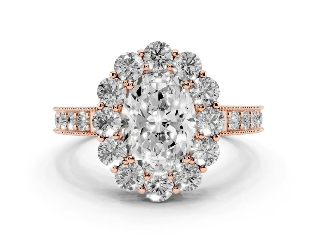 Oval Vintage Halo Engagement Ring Setting | Milgrain Channel Band | Rose Gold