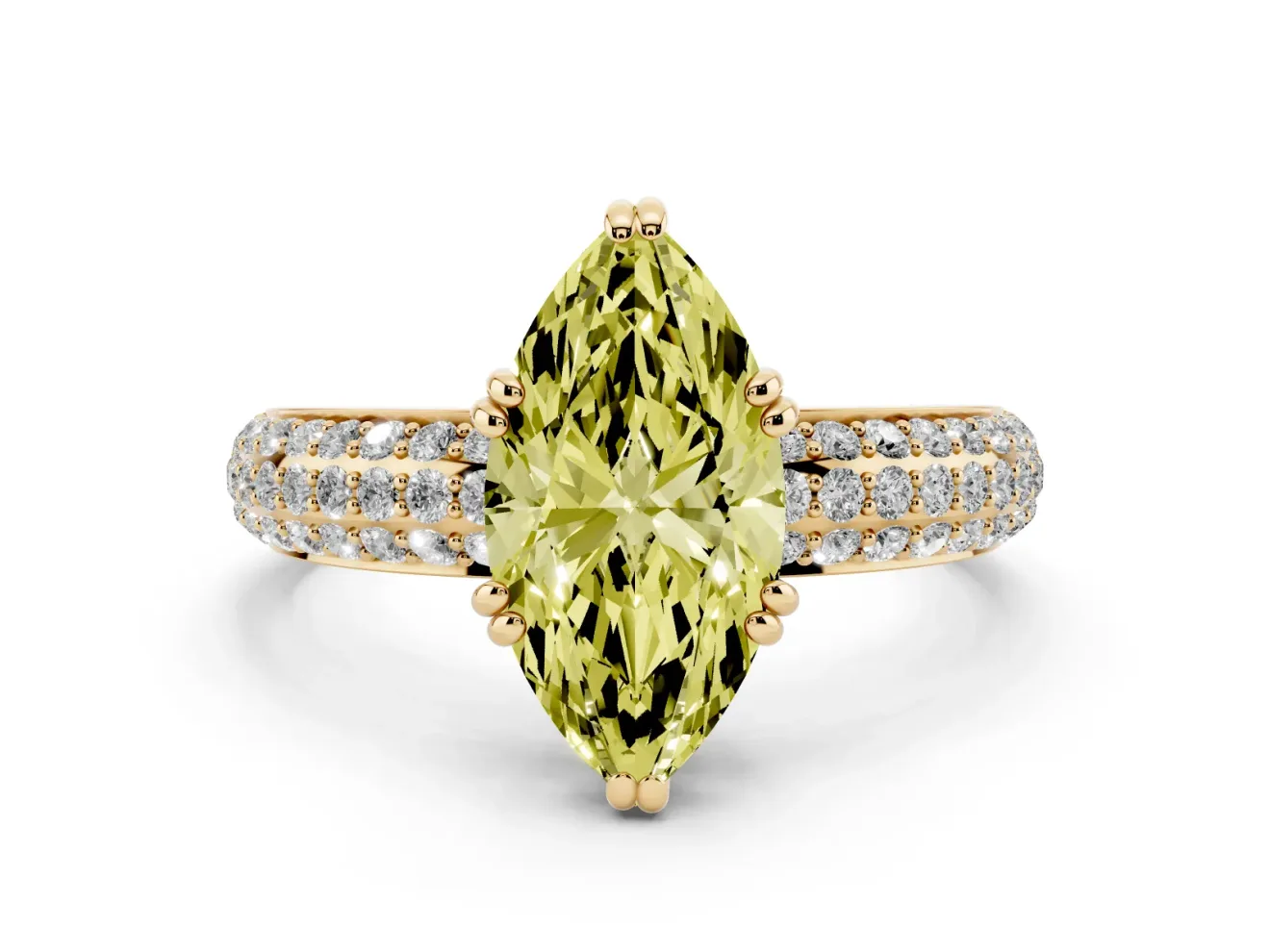 Marquise Three Row Pave Engagement Ring Setting for a Fancy Yellow Lab-Grown Diamond | Yellow Gold