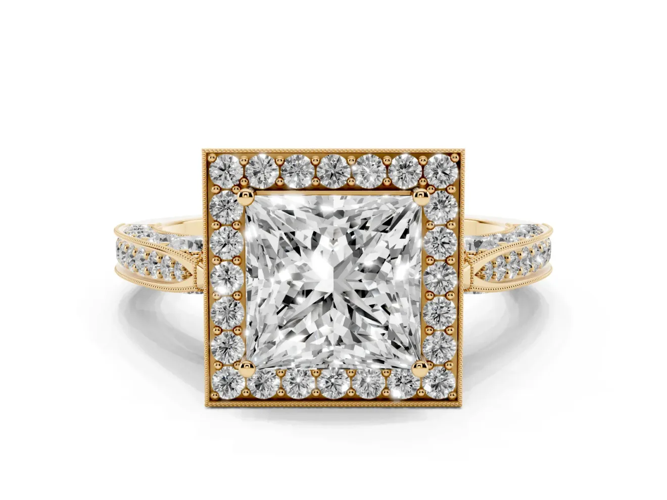 Princess Cut Vintage Milgrain Halo Engagement Ring Setting | Side Stones and Pave | Yellow Gold