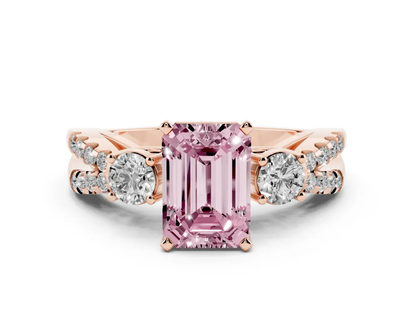 Fancy Pink Emerald Cut Diamond Three-Stone Ring Set in Rose gold with Pavé Split Shank and Prong Setting