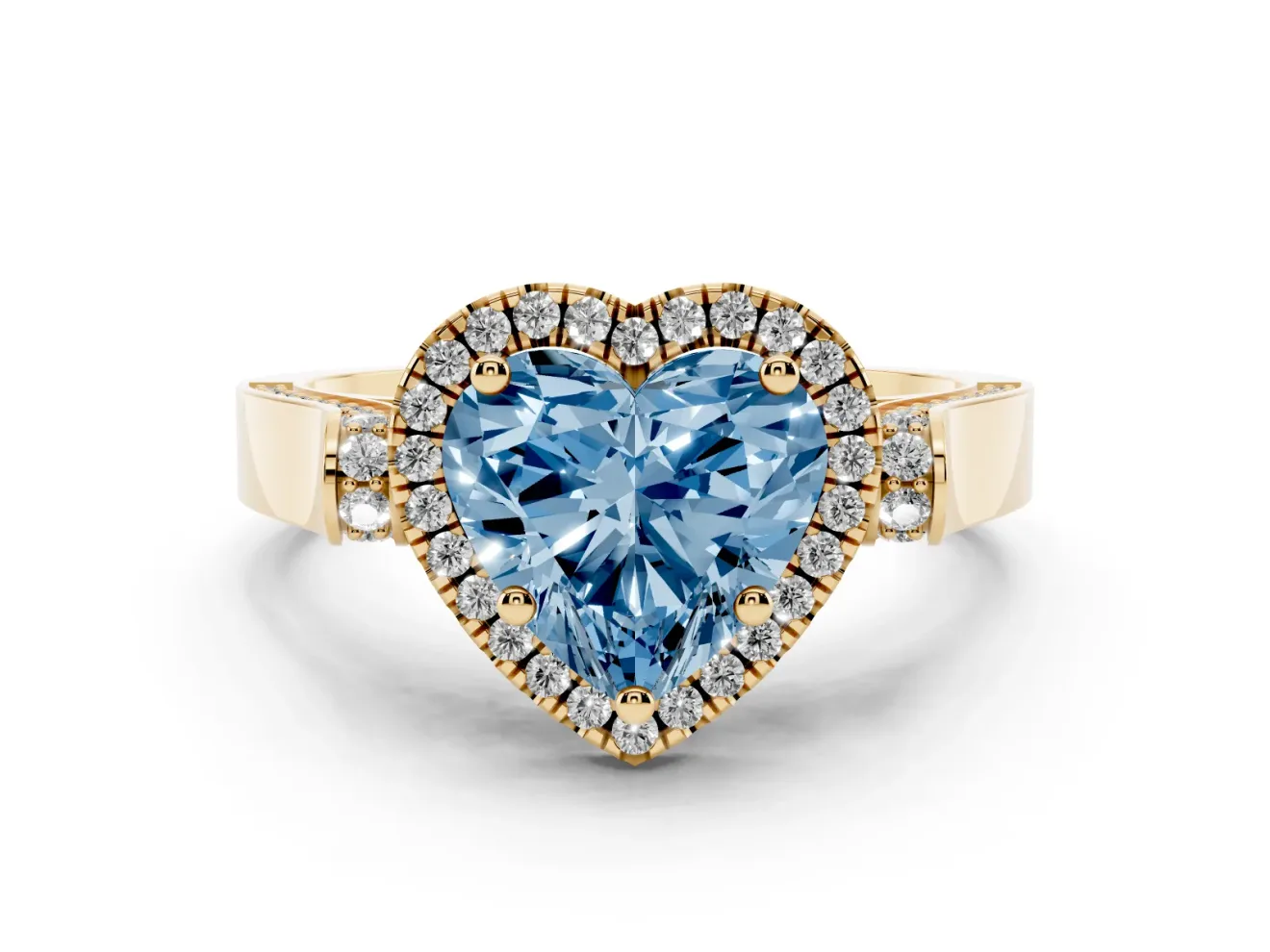 Heart-Shaped Halo Engagement Ring Setting for a Fancy Blue Lab-Grown Diamond | Pointed Pave Shoulders | Yellow Gold
