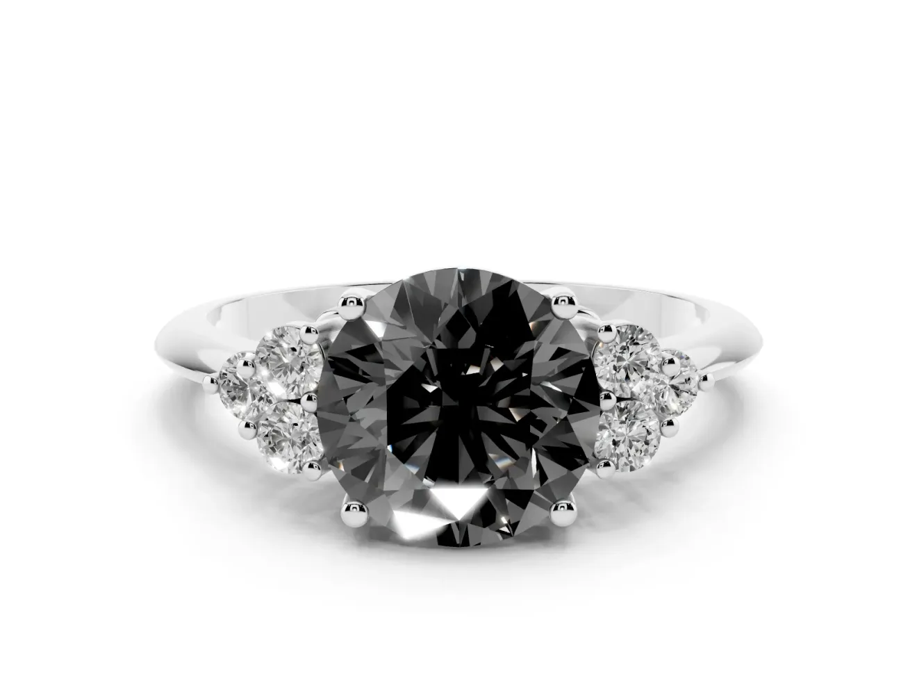Round Cluster Accent Engagement Ring Setting for a Black Center | Plain Band | White Gold