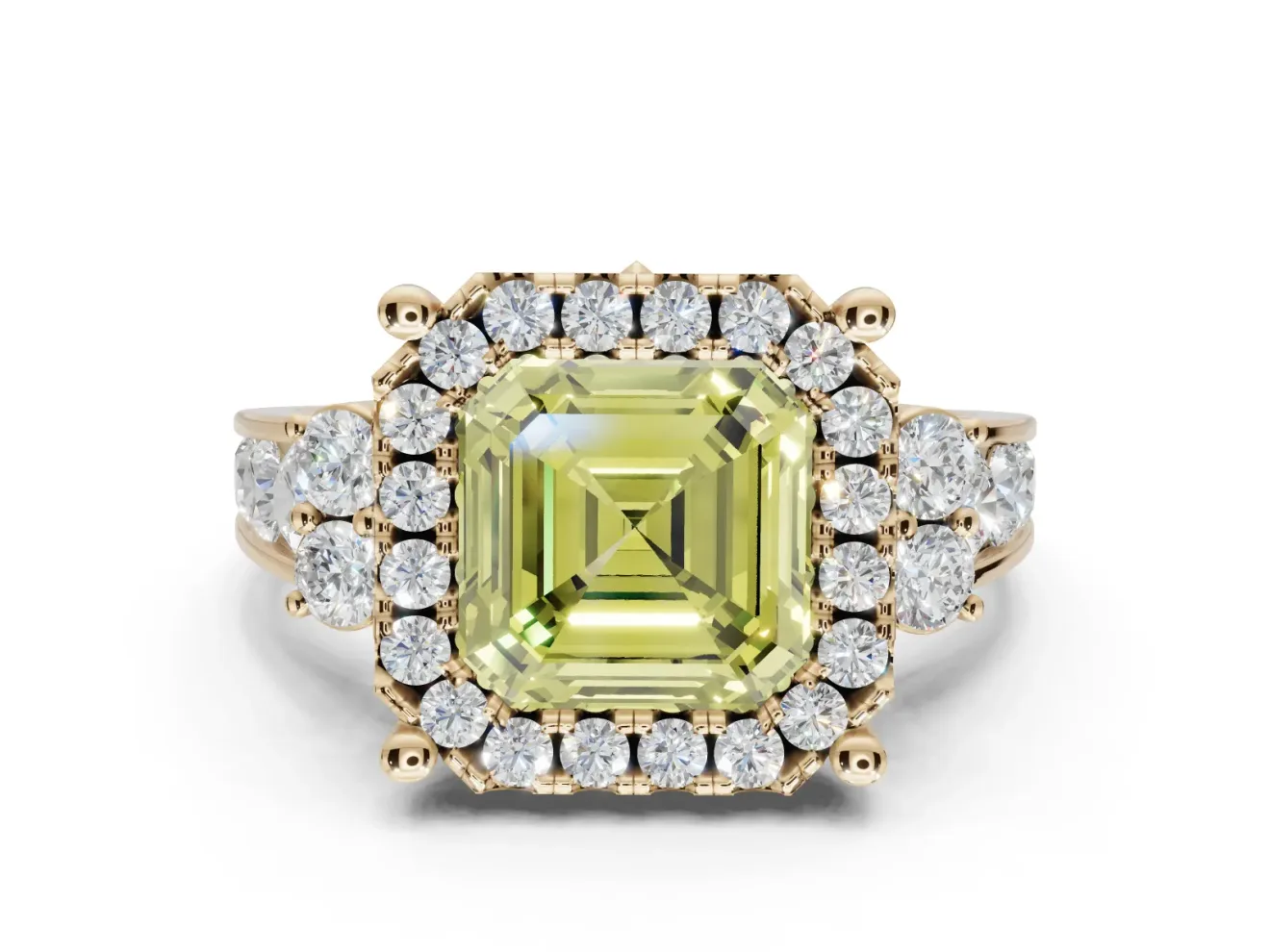 Asscher Cut Halo Engagement Ring Setting for a Fancy Yellow Lab-Grown Diamond | Graduated Channel Band | Yellow Gold
