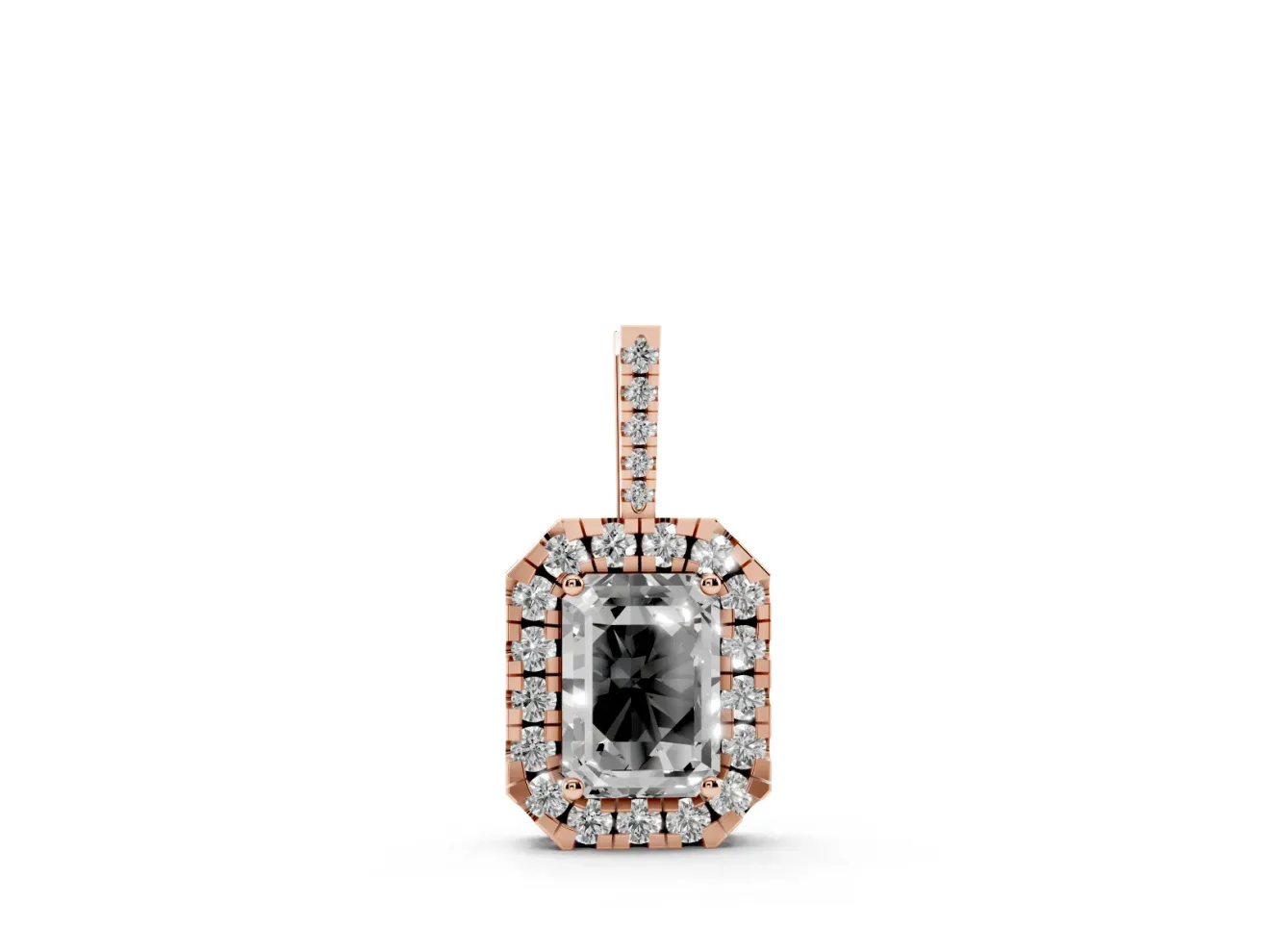 Emerald Cut Lab-Grown Diamond Halo Pendant Necklace | Graduated Pavé Bail | Rose Gold