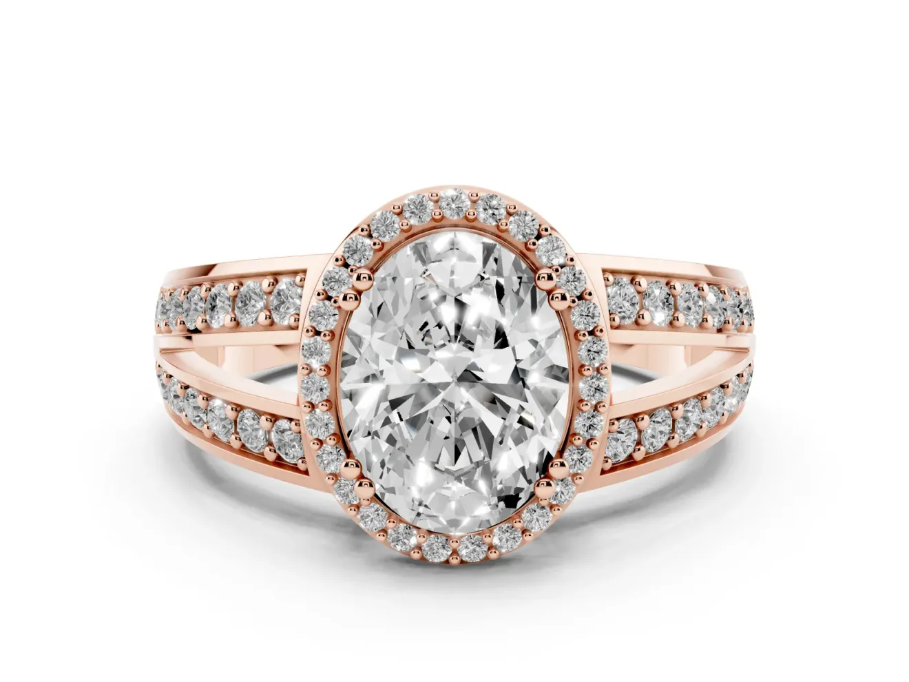 Oval Cut Diamond Halo Ring Set in Rose gold with Double Pavé Split Shank