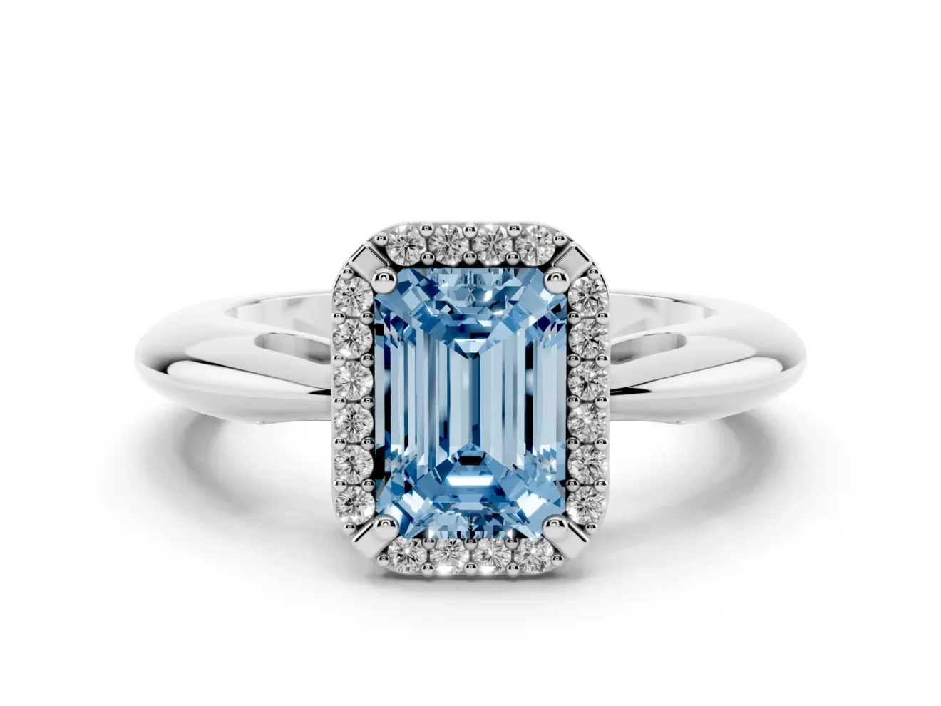 Fancy Blue Emerald Cut Diamond Halo Engagement Ring Set in Silver with Plain Split Shank and Prong Setting