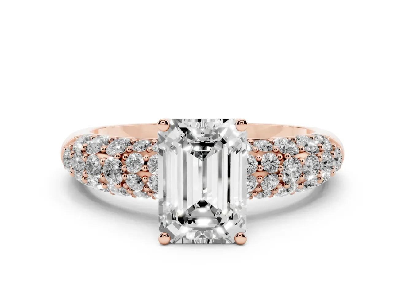 Emerald Cut Multi Row Pave Solitaire Engagement Ring Setting | Domed Shoulders | Rose Gold