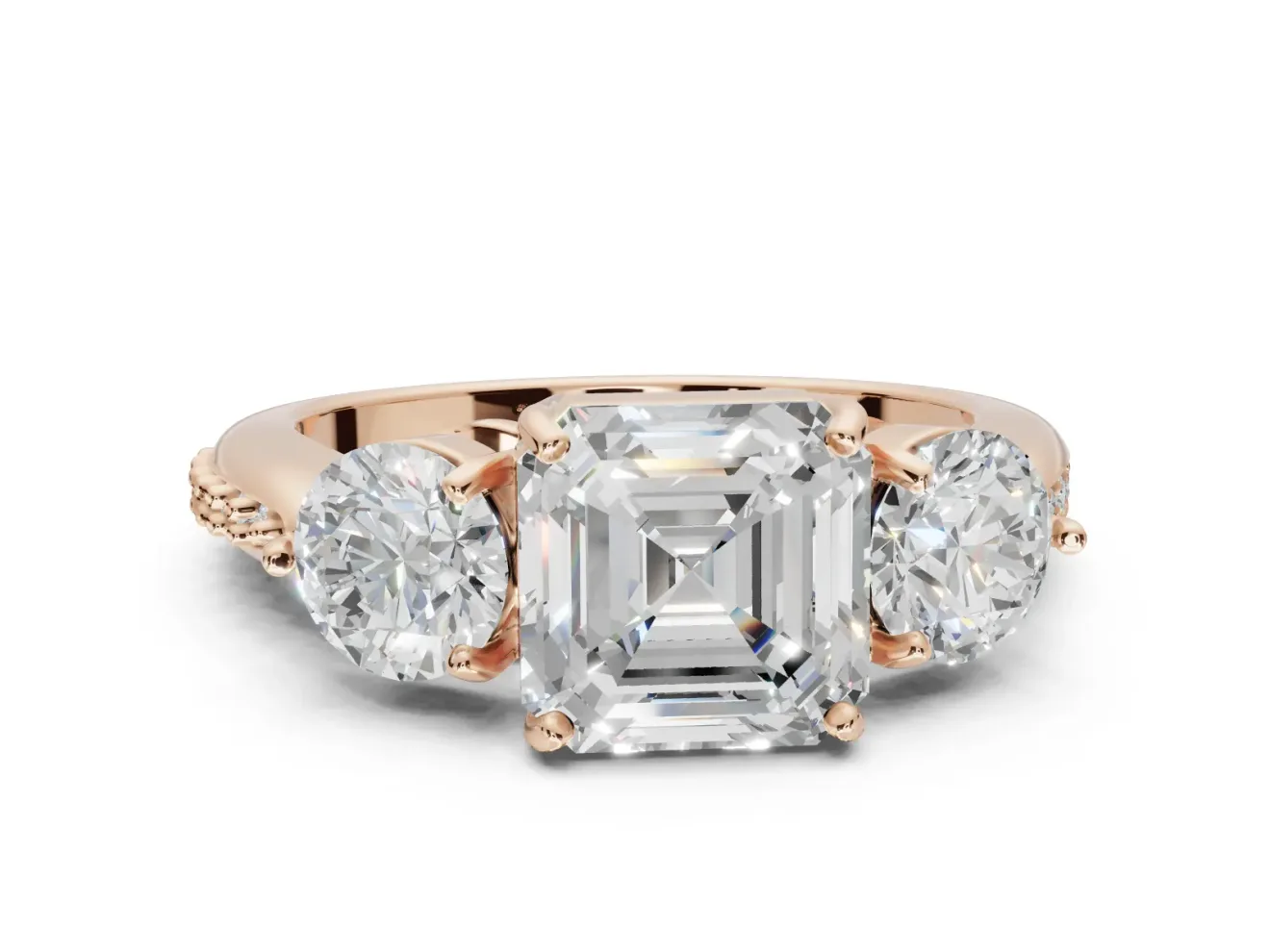 Asscher Cut Three Stone Engagement Ring Setting | Tapered Pave Band | Rose Gold