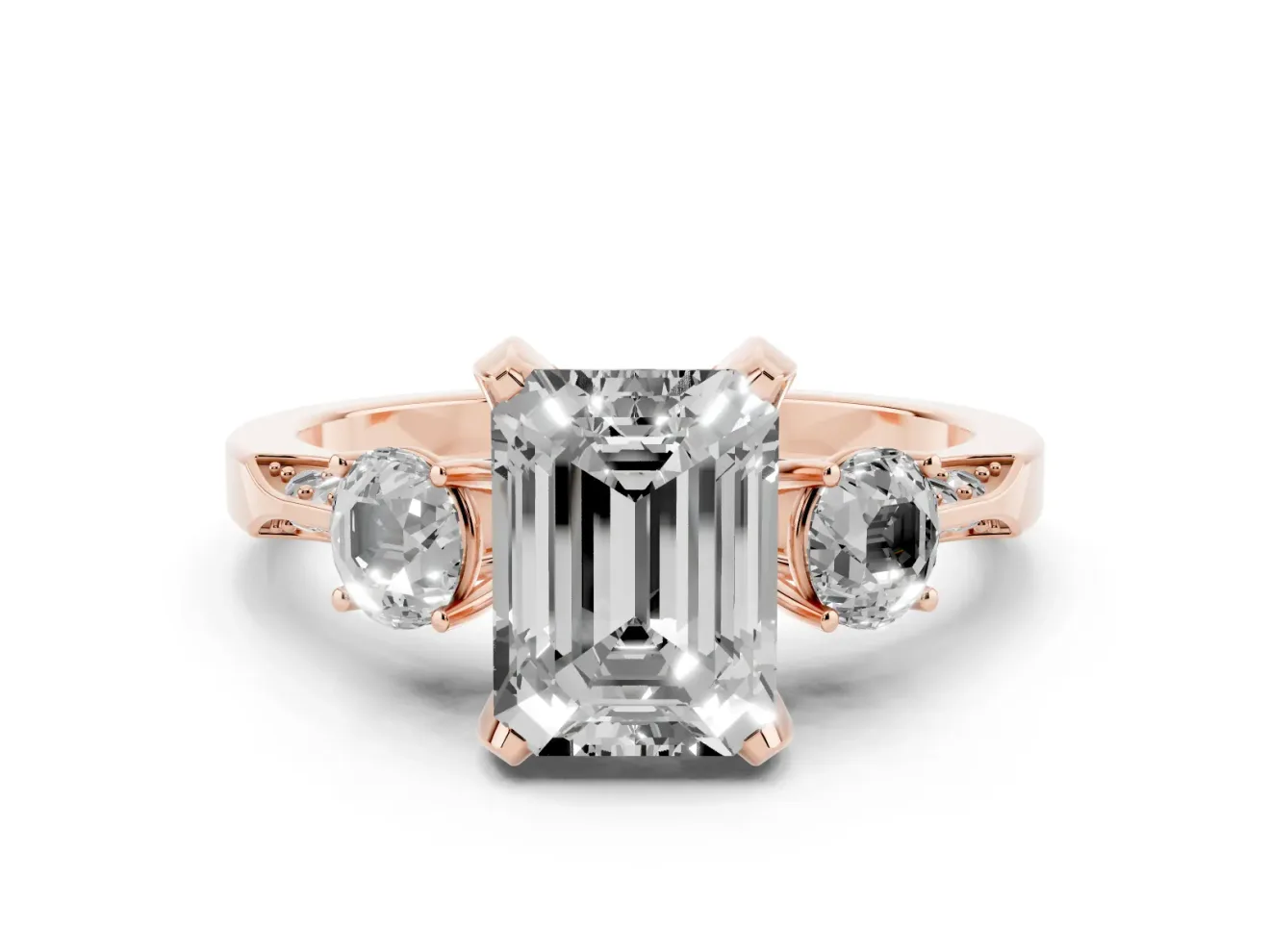 Emerald Cut Hidden Halo Three Stone Engagement Ring Setting for a Fancy Pink Lab-Grown Diamond | Rose Gold