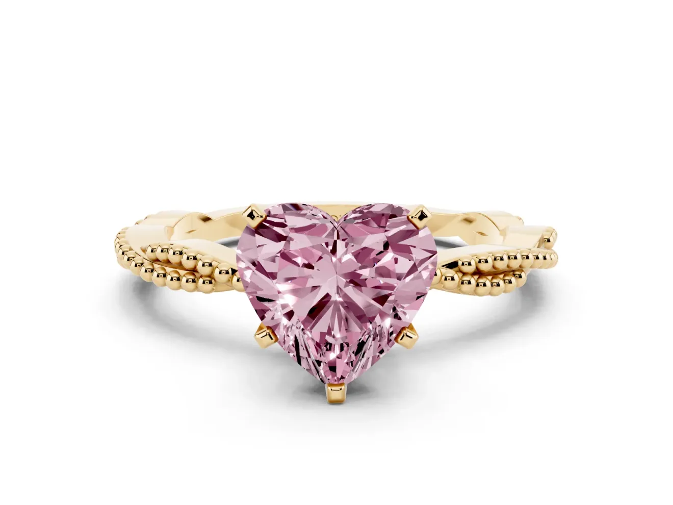 Fancy Pink Heart Cut Diamond Solitaire Ring Set in Yellow gold with Twisted Band and Bead Prong Setting