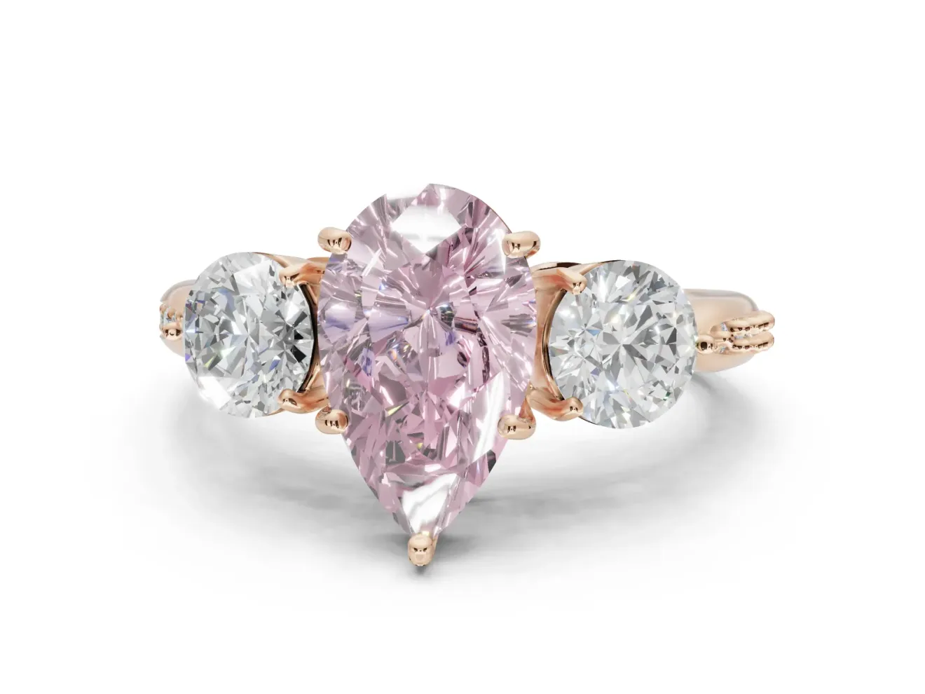 Pear-Shaped Three Stone Engagement Ring Setting for a Fancy Pink Lab-Grown Diamond | Tapered Pave Band | Rose Gold