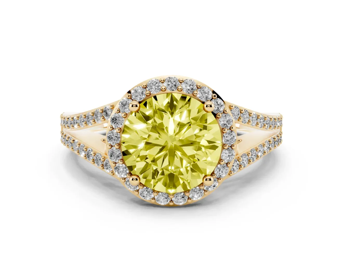Fancy Yellow Round Cut Diamond Halo Split Shank Ring Set in Yellow gold with Accent Stones and Prong Setting