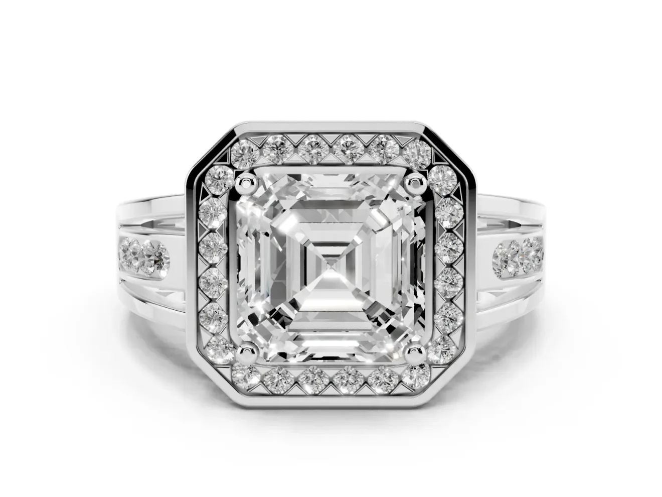 Asscher Cut Vintage Halo Engagement Ring Setting | Channel-Set Split Shank | Platinum