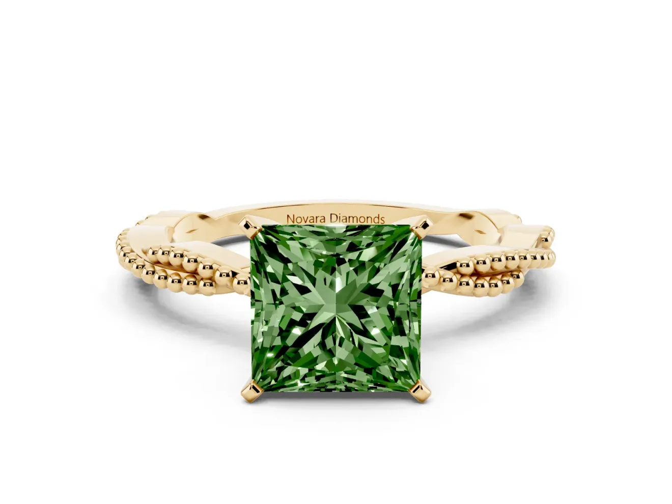 Fancy Green Princess Cut Diamond Solitaire Ring Set in Yellow gold with Twisted Band and Bead Prong Setting