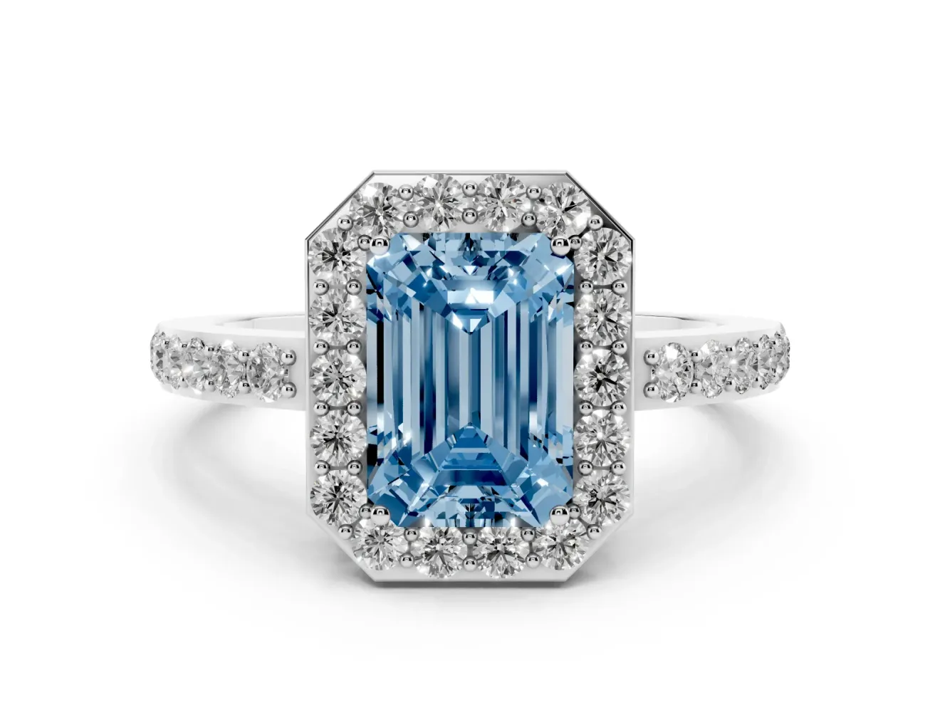 Fancy Blue Emerald Cut Diamond Halo Ring Set in Silver with Pavé-Setting Band and Open Prong Center