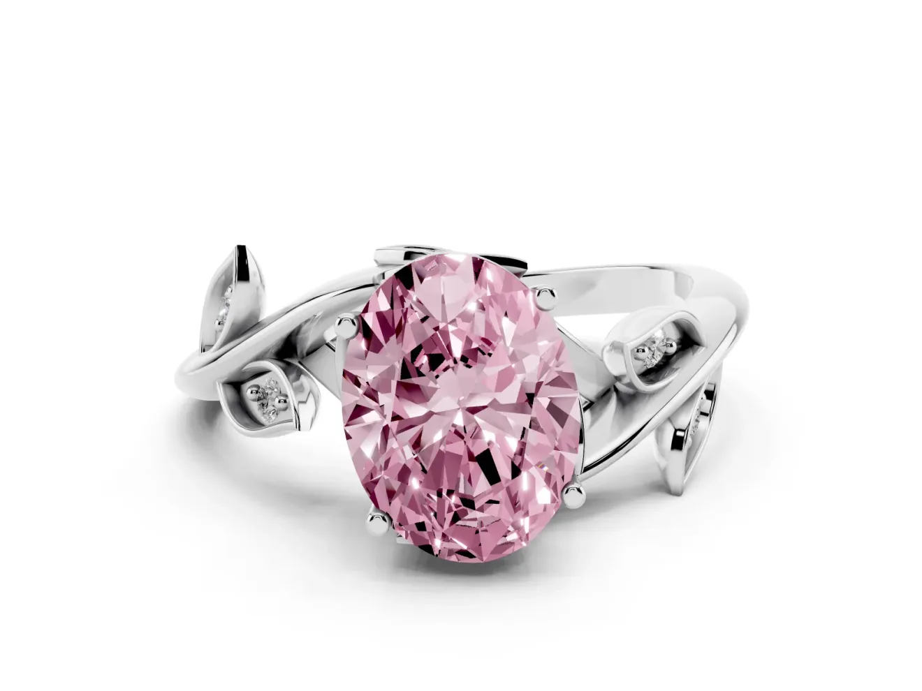 Fancy Pink Oval Cut Diamond Solitaire Twist Engagement Ring Set in Silver with Pavé Leaf Accents