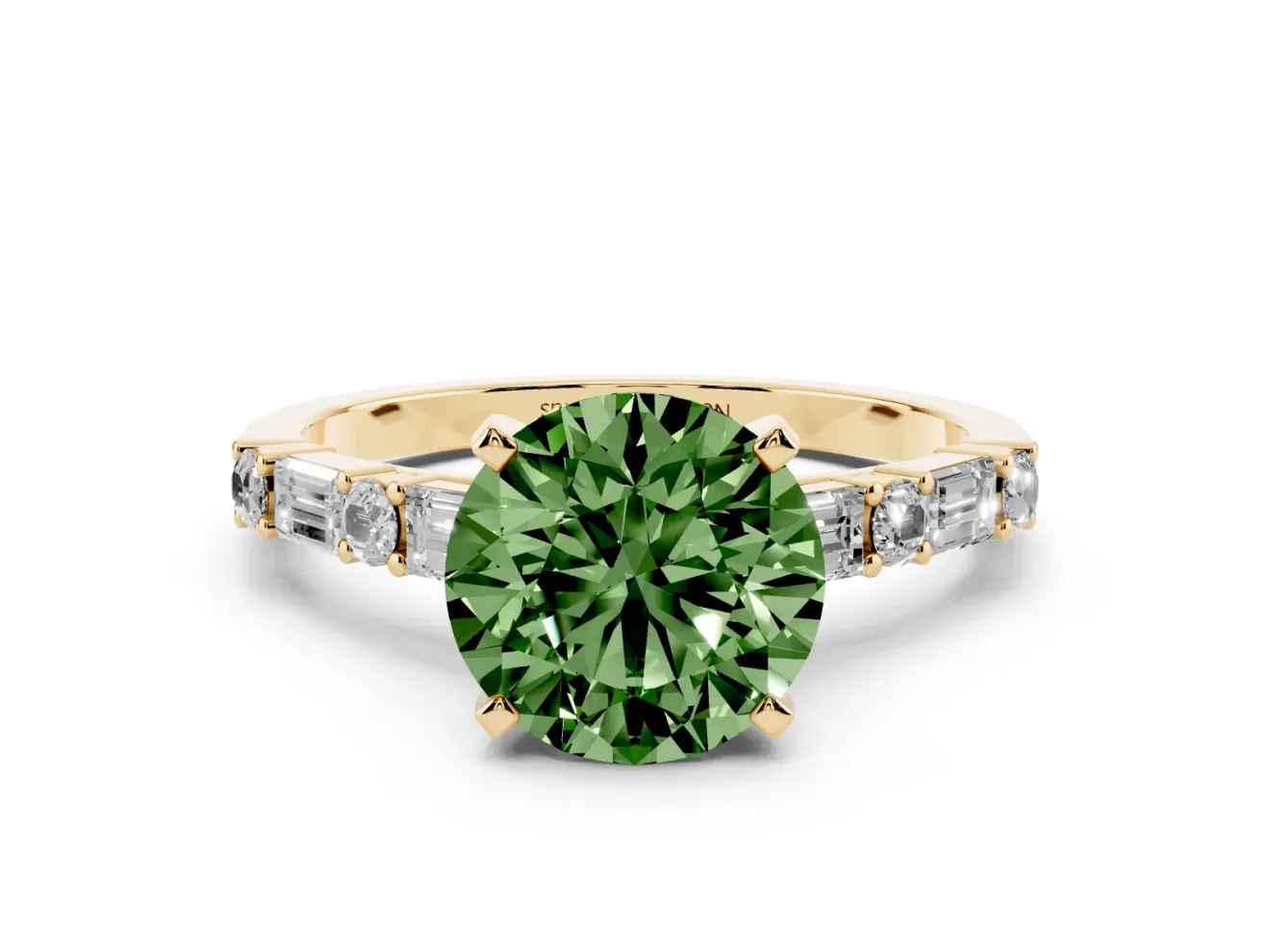 Fancy Green Round Cut Diamond Solitaire Set in Yellow gold with Side Baguettes and Channel Set Band