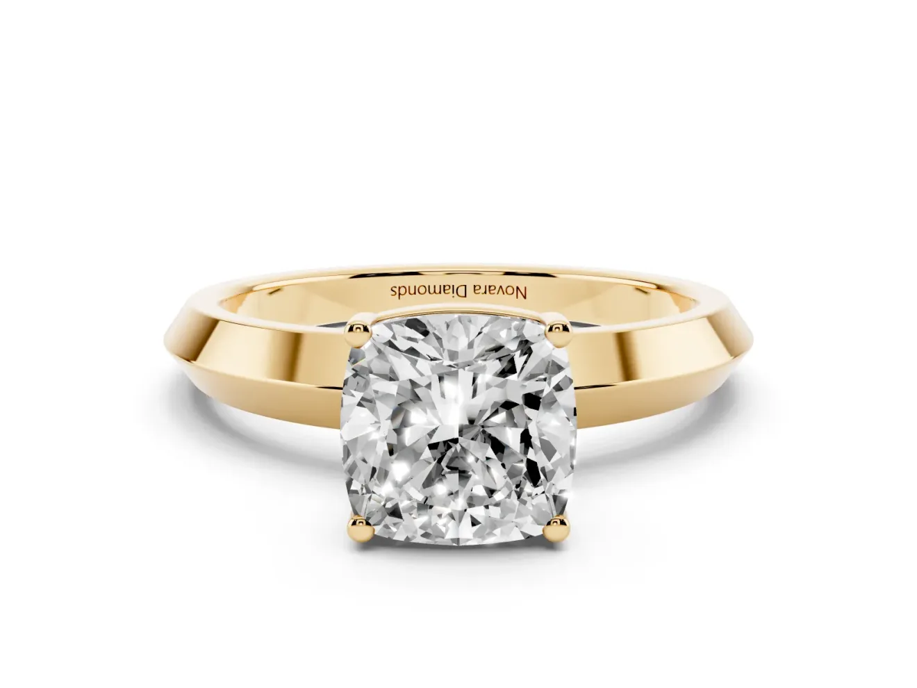 Cushion Cut Diamond Solitaire Engagement Ring Set in Yellow gold with Flat Band and Prong Setting