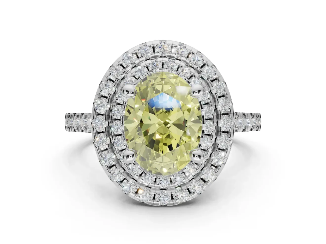Canary Yellow Oval Lab-Grown Diamond Double Halo Statement Ring Set in White Gold with Pavé Band