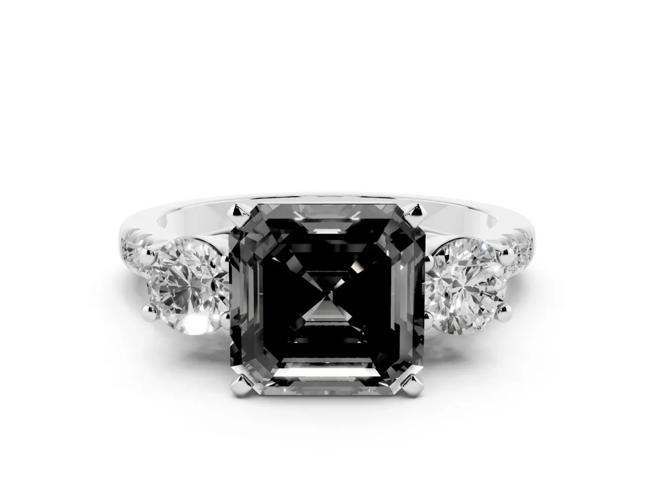 Fancy Black Three-Stone Asscher Cut Diamond Pavé Band Ring Set in White gold with Prong-Set Trio