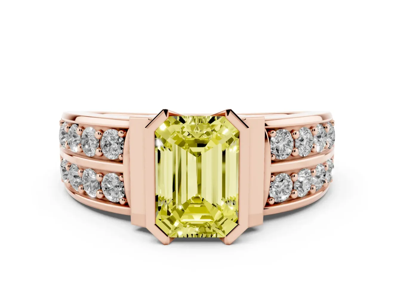 Emerald Cut Half Bezel Engagement Ring Setting for a Fancy Yellow Lab-Grown Diamond | Channel Band | Rose Gold