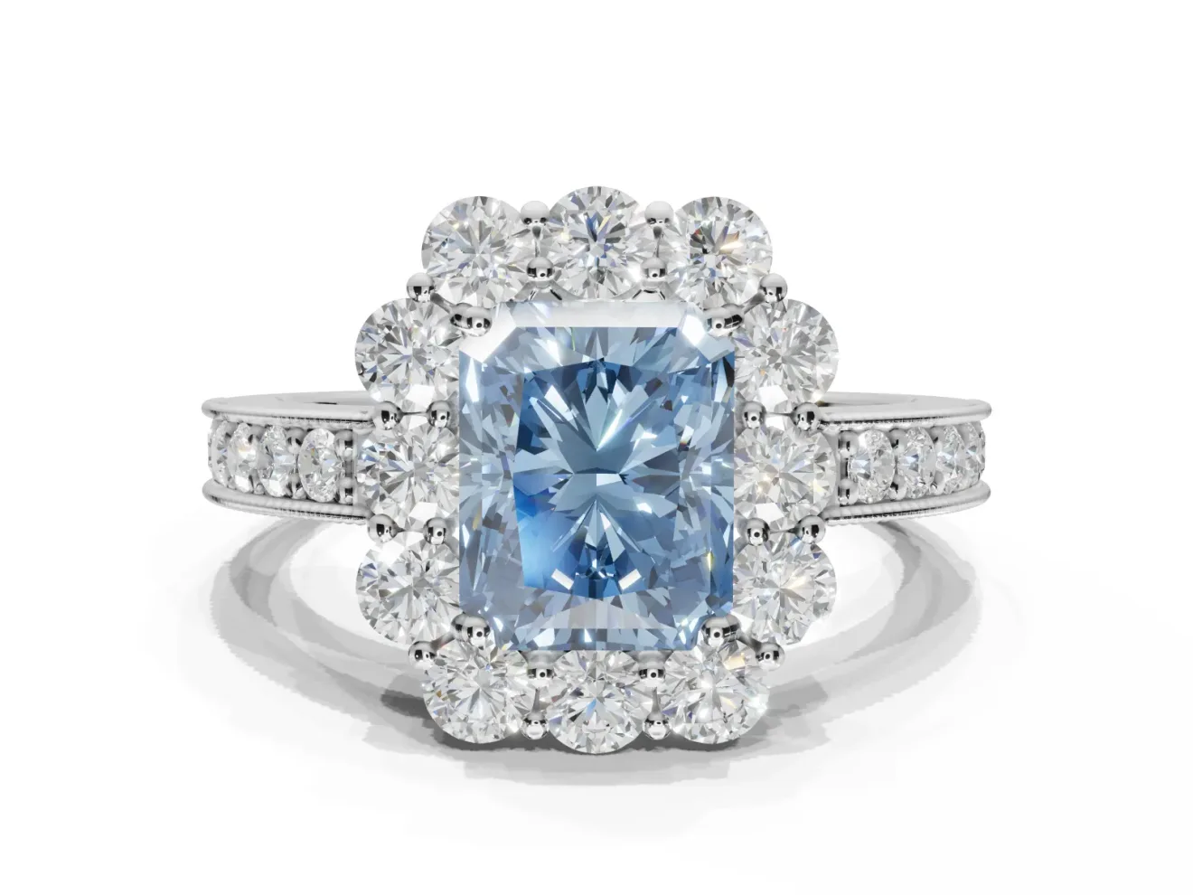 Radiant Cut Vintage Halo Engagement Ring Setting for a Fancy Blue Lab-Grown Diamond | Milgrain Channel Band | White Gold